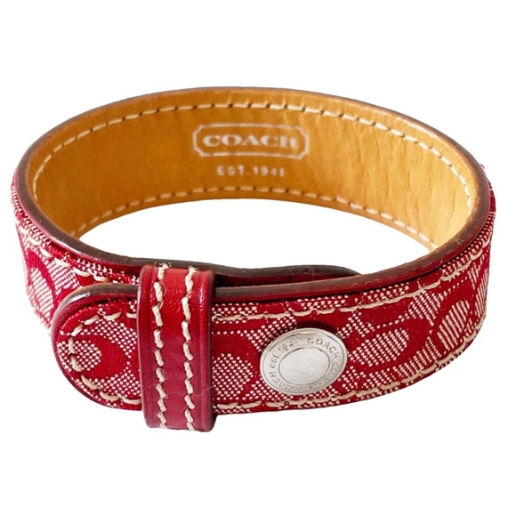 Coach Jewelry - Coach red monogram fabric and leather snap button bracelet